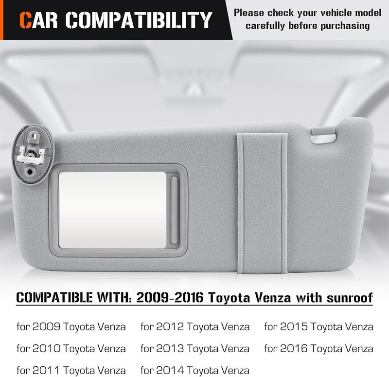 AEagle Left & Right Sun Visor with Light for 2009-2016 Toyota Venza with Sunroof, Driver & Passenger Sides Gray Sunvisor Replacement 74320-0T022-B1, 74310-0T022-B1 - Image 2